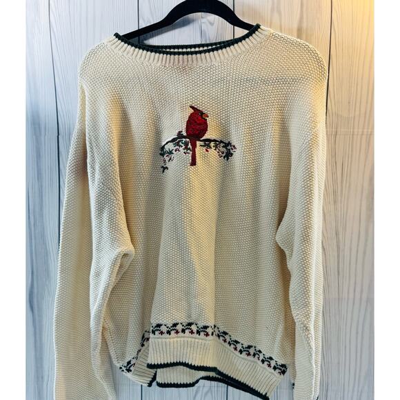 VTG Cabelas Womens L Sweater Cardinal Bird Holly Cream Cotton Pullover Holiday - Picture 1 of 6